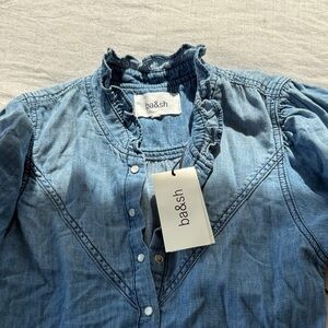 ba&sh Light Blue Denim Ruffle Collar Dress